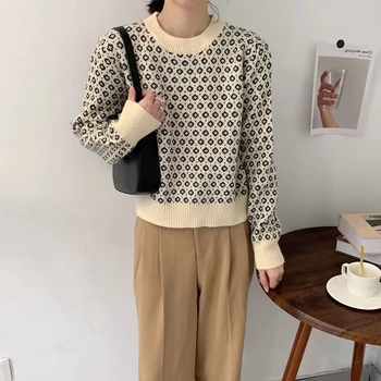  2022 Jesensko-zimskom Novi Korejski Džemper s po cijeloj površini u retro stilu, Free Ženski Pulover, Kratke Pletene Top s Okruglog izreza i Dugi Rukav