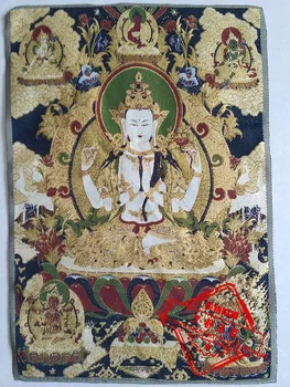  36 cm Tibetanski Svilene vez Nepal 4 ruke гуаньинь portret Buddha Tangka Тханка Slike obiteljske zidovi ukrašeni slikarstva