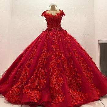  Crvena Bujne Haljine s 3D Cvjetnog Aplikacija, Elegantan Korzet s Okruglog izreza na Leđima, Slatka je 16 Haljina robe de prom