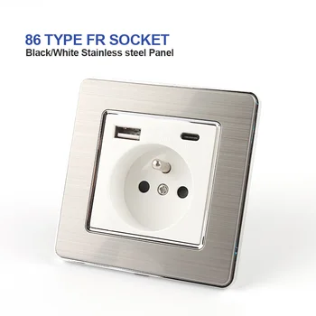  FR Standardne zidne utičnice 16A Genetika s priključkom USB napajanje Type-C Bijeli / Crni poklopac od nehrđajućeg čelika USB Встраиваемая utičnica 86 mm * 86 mm