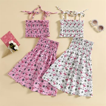  Komplet odjeće iz dva predmeta za djevojčice, majice s рюшами na trake i žice s po cijeloj površini flamingo + dugu suknju s prorezom na zakopčane