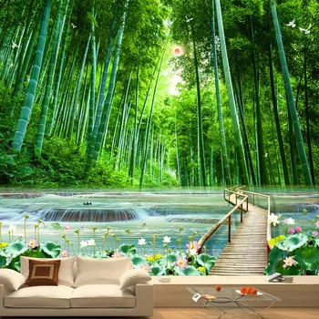  Običaj 3D Slike Pozadina Bambusa Šuma Drveni Most Prirodni Krajolik Velika Freska Pozadina Dnevni boravak Dekor Art Zidno Slikarstvo
