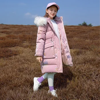  Zimska dječja Moda Dugi Kaput Za djevojčice, Vodootporan Osvijetljena dolje jaknu sa kapuljačom i natpisom, dječje Gusta zimska odjeća -30 Stupnjeva