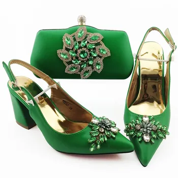  Čudesne zelene ženske cipele i torba u kompletu sa cipele-лодочками u afričkom stilu sa kristalima i сумочкой na haljini 18B127, peta 9 cm
